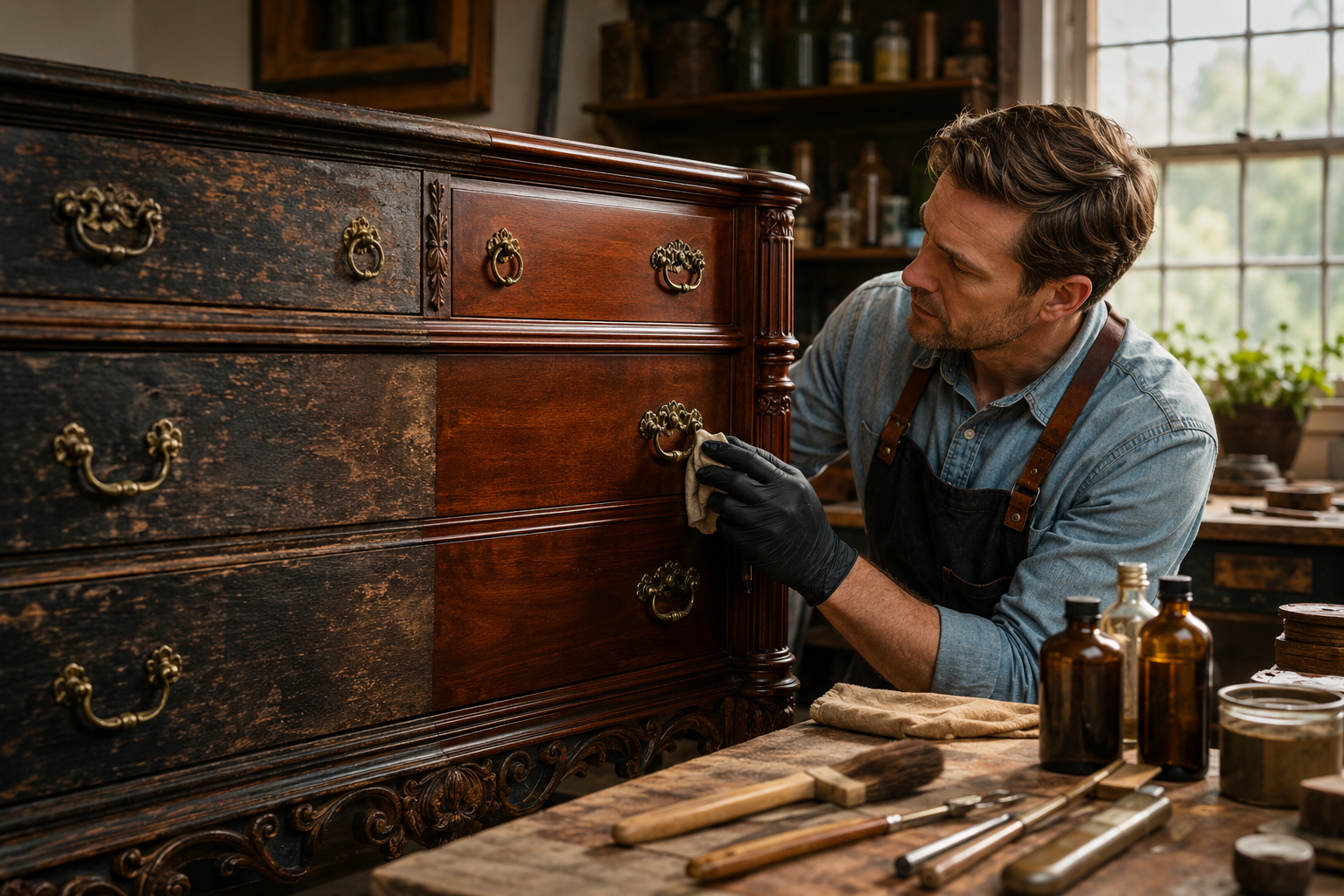 Antique furniture restoration workshop